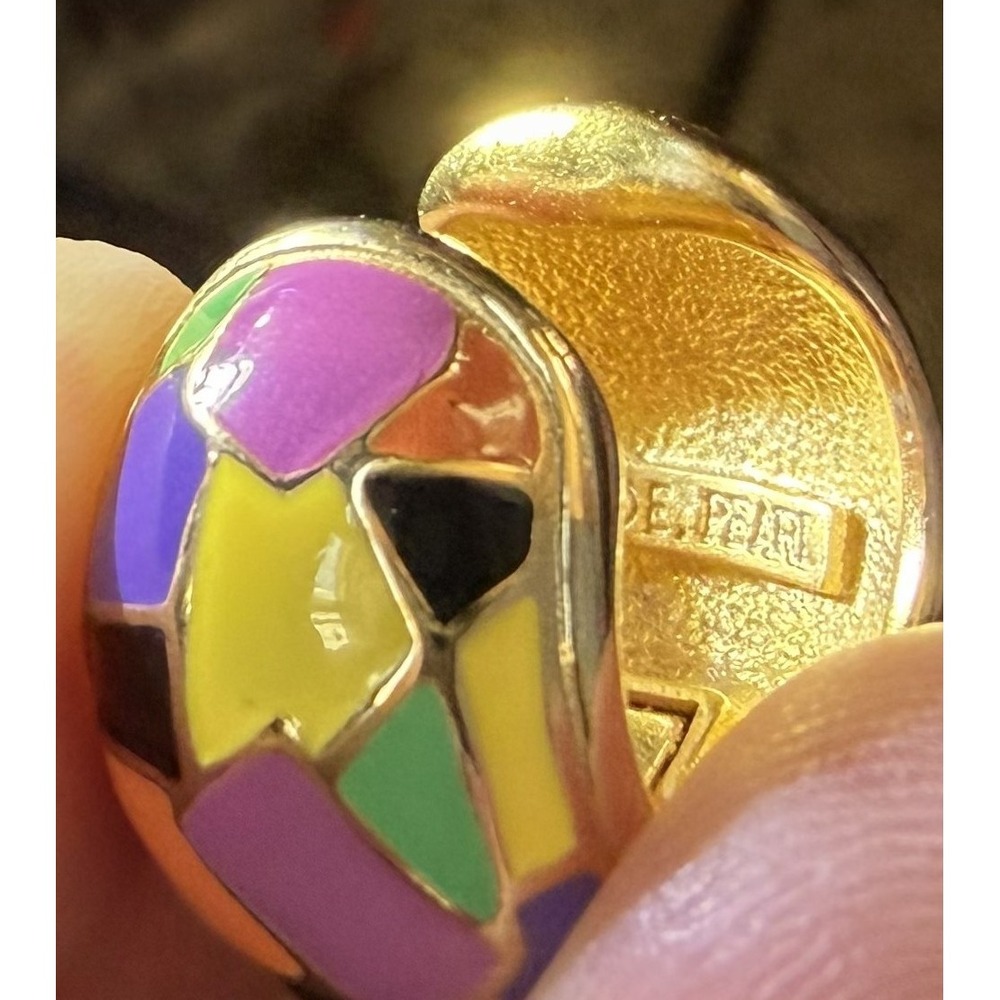 Erwin Pearl Vintage 80s Mosaic Enamel Huggie Hoop Earrings Gold Tone Multi Color - Picture 6 of 10